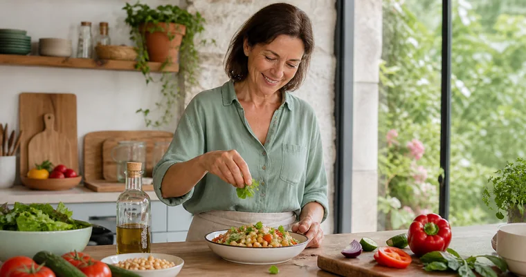 Mujer preparando una comida cotidiana con verduras y legumbres