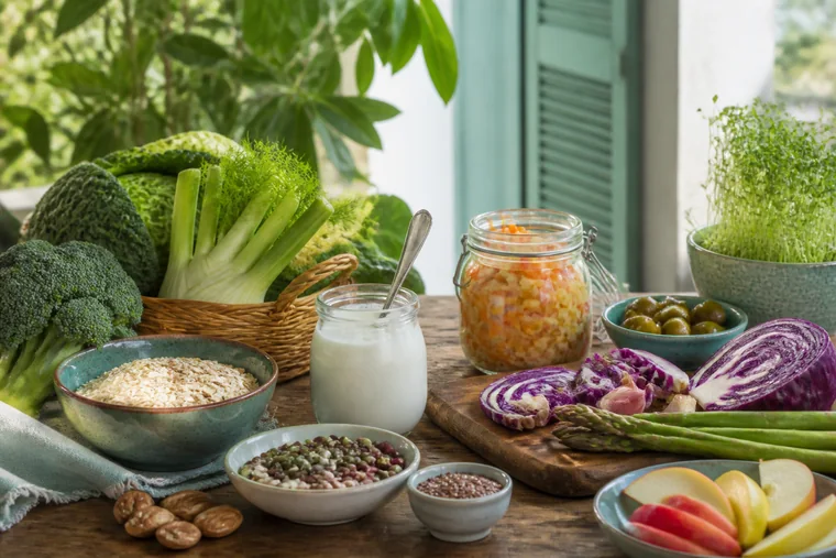 Alimentos ricos en fibra y fermentados sobre una mesa