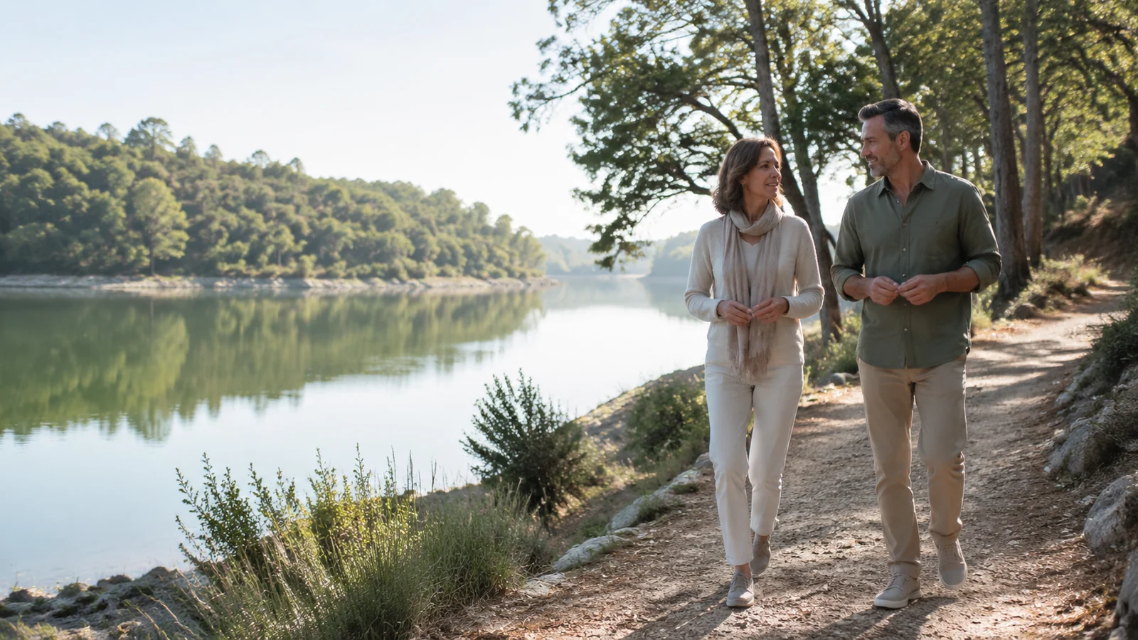 Pareja adulta caminando junto a un lago en un entorno natural