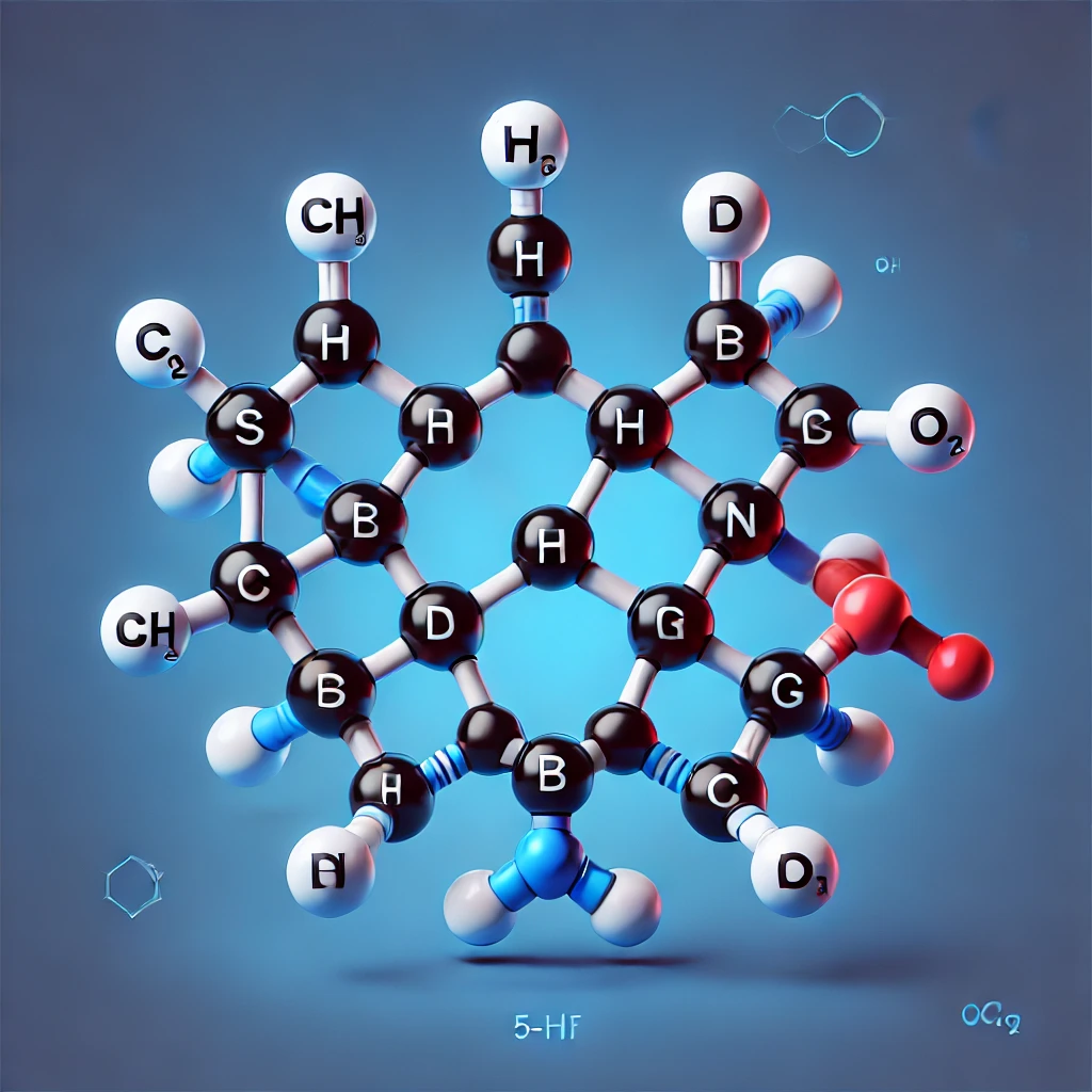 Representación científica de la molécula de serotonina, con un diseño detallado en fondo azul, mostrando su estructura química (5-HT).