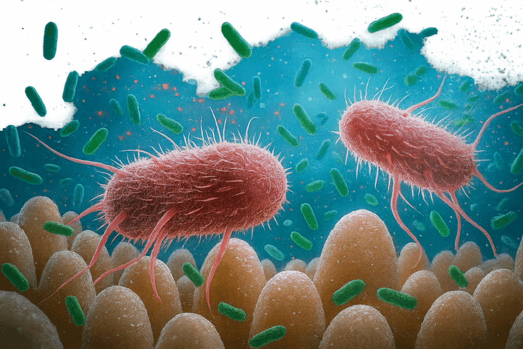 Ilustración hiperrealista de bacterias intestinales interactuando con las vellosidades del intestino