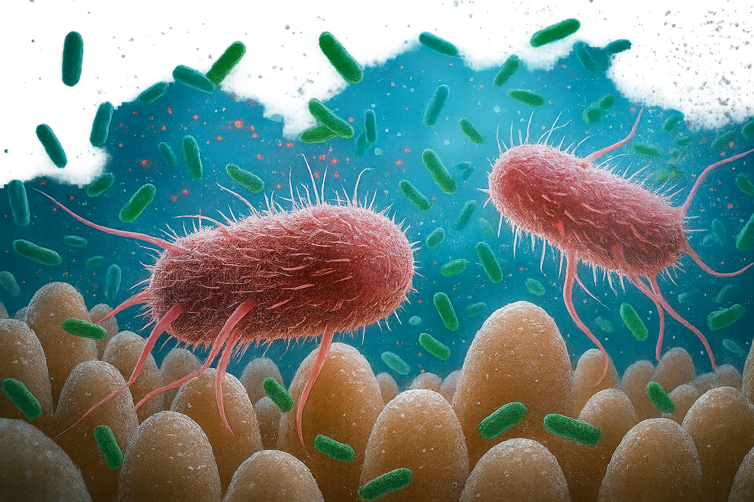 Ilustración hiperrealista de bacterias intestinales interactuando con las vellosidades del intestino