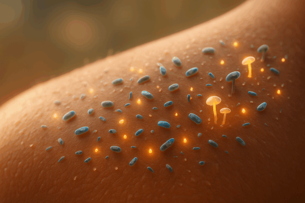 Ilustración hiperrealista de la microbiota cutánea mostrando microorganismos protectores en la superficie de la piel, actuando como defensa natural del cuerpo humano.