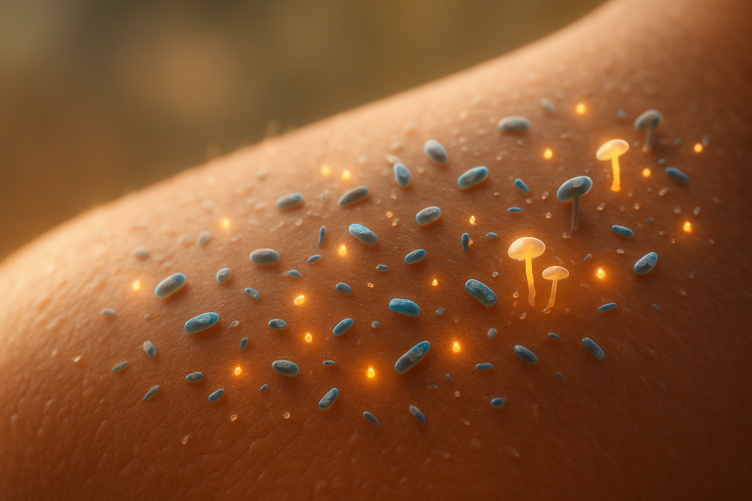 Ilustración hiperrealista de la microbiota cutánea mostrando microorganismos protectores en la superficie de la piel, actuando como defensa natural del cuerpo humano.