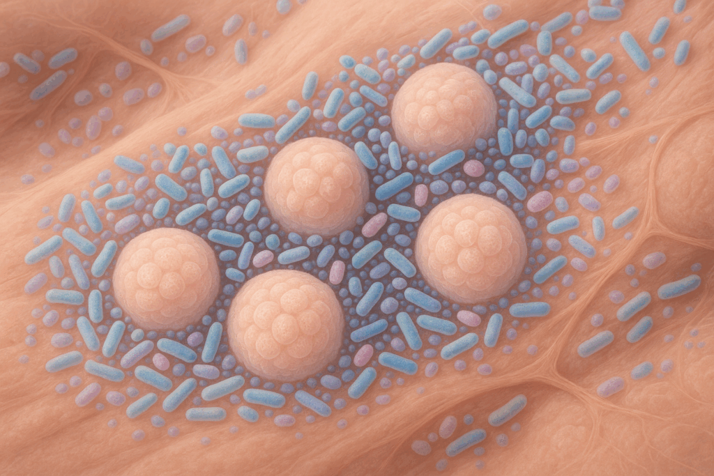 Ilustración hiperrealista de la microbiota mamaria mostrando bacterias beneficiosas protegiendo el tejido glandular del pecho