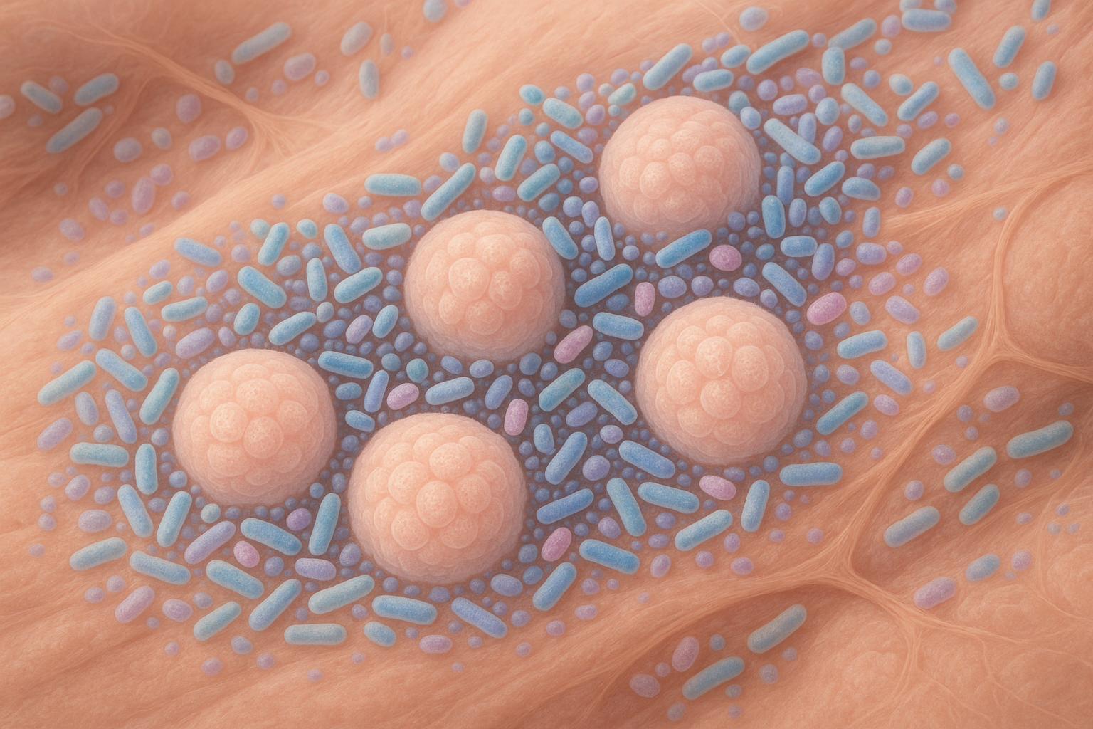 Ilustración hiperrealista de la microbiota mamaria mostrando bacterias beneficiosas protegiendo el tejido glandular del pecho