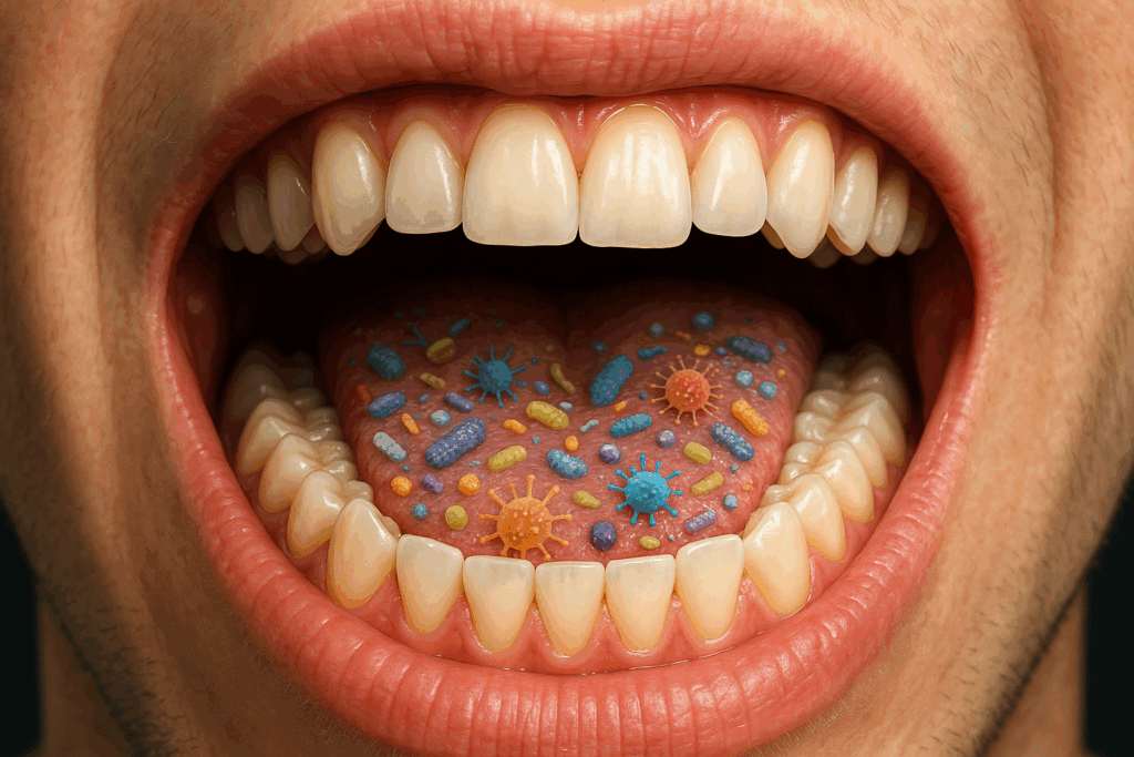 Ilustración hiperrrealista de la microbiota oral mostrando bacterias beneficiosas y patógenas en dientes, lengua y encías.