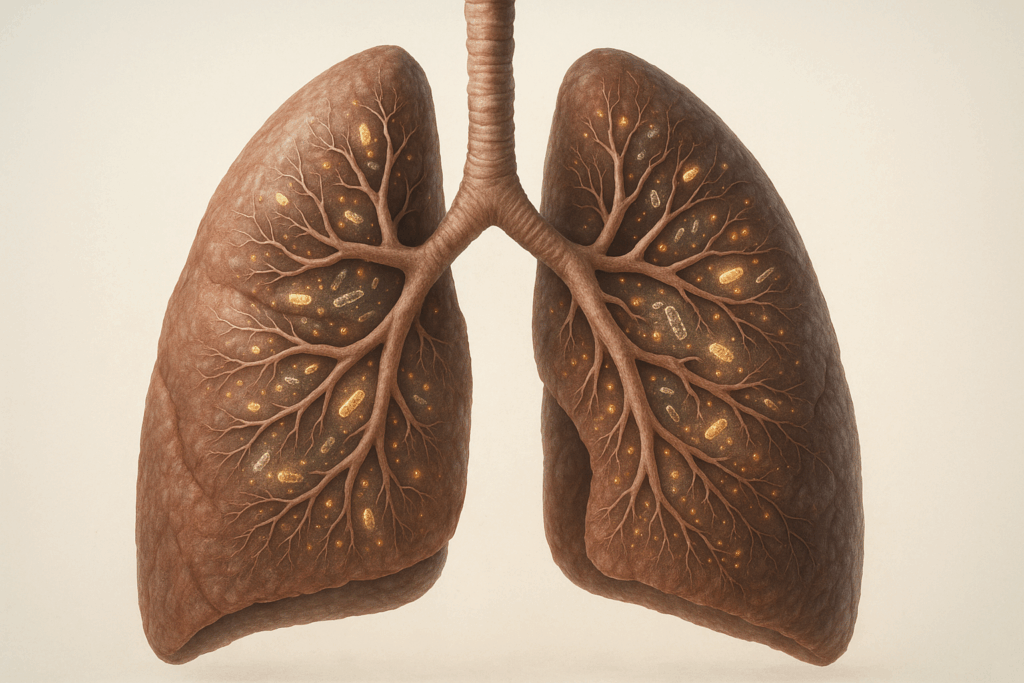 Ilustración hiperrealista de los pulmones humanos mostrando la microbiota pulmonar como un ecosistema microscópico