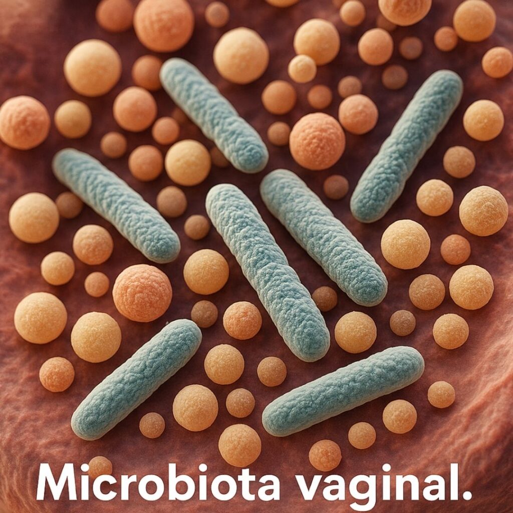 Ilustración científica de la microbiota vaginal, bacterias Lactobacillus protectoras en equilibrio saludable. Título: