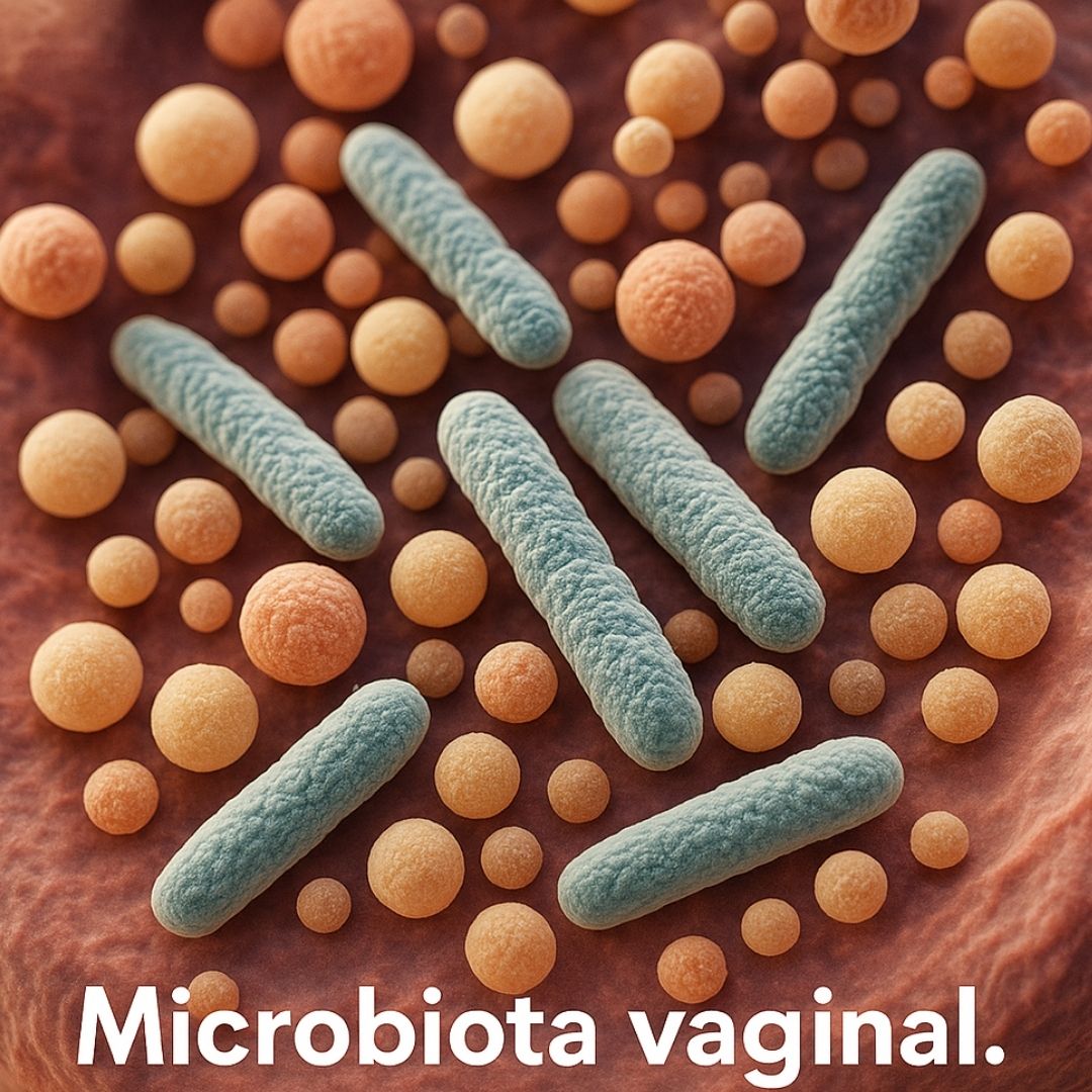 Ilustración científica de la microbiota vaginal, bacterias Lactobacillus protectoras en equilibrio saludable. Título: