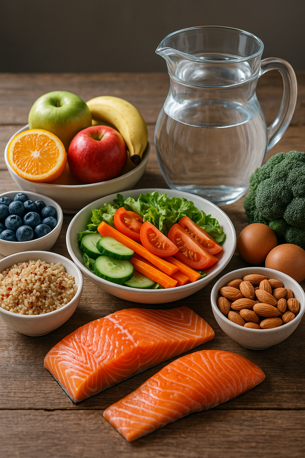 Plato saludable con alimentos antiinflamatorios como aguacate, frutos rojos, salmón y vegetales frescos.