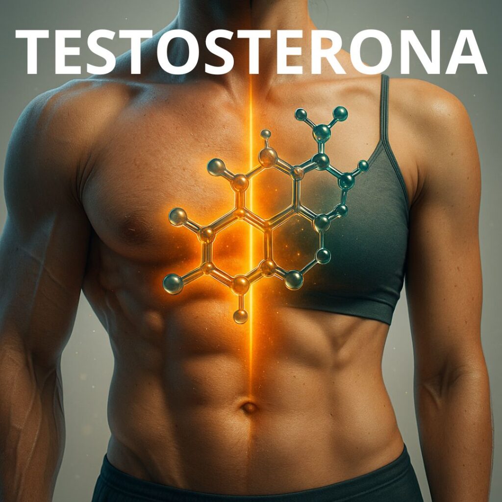 Torso masculino atlético con molécula de testosterona superpuesta, imagen sobre hormona testosterona.