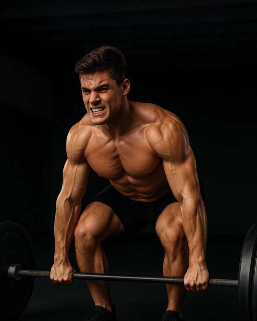 Culturista joven realizando peso muerto en gimnasio, imagen fitness para artículo sobre proteínas premium