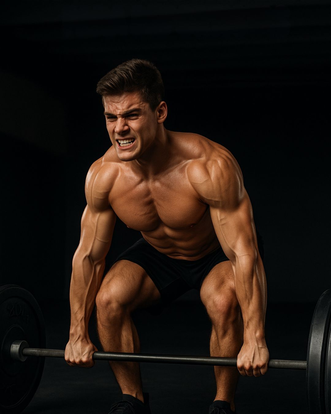 Culturista joven realizando peso muerto en gimnasio, imagen fitness para artículo sobre proteínas premium
