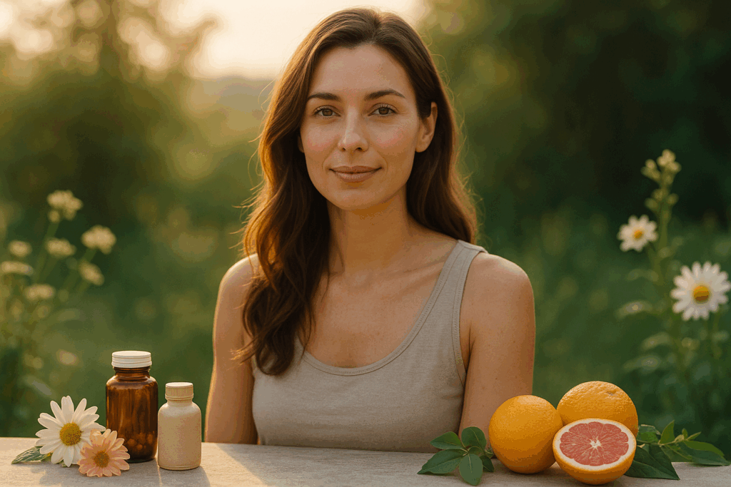 Mujer sonriente al aire libre representando el equilibrio hormonal femenino y el bienestar natural.