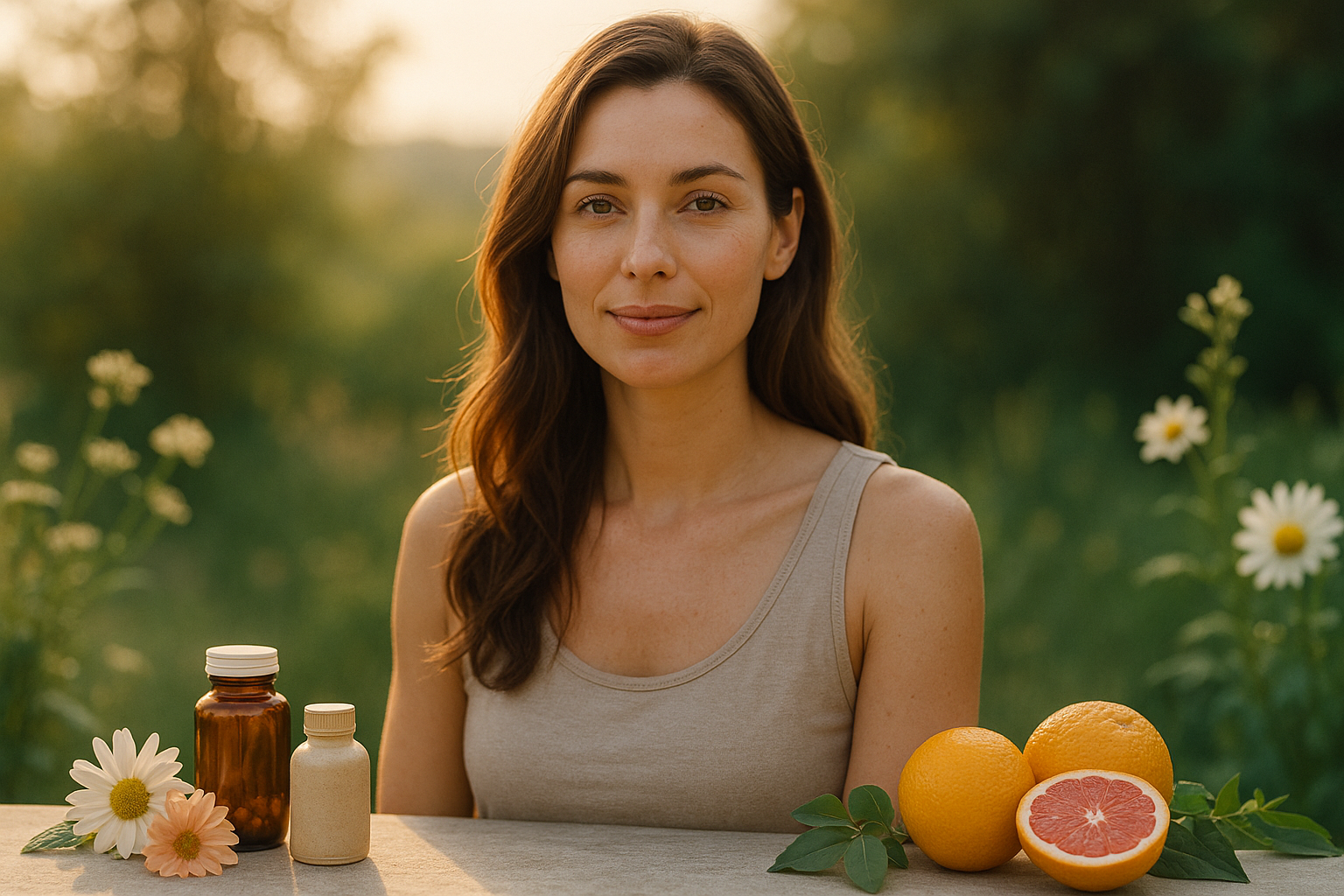 Mujer sonriente al aire libre representando el equilibrio hormonal femenino y el bienestar natural.