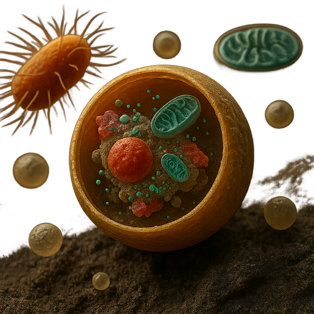 Ilustración de una célula mostrando el proceso de autofagia y reciclaje celular.