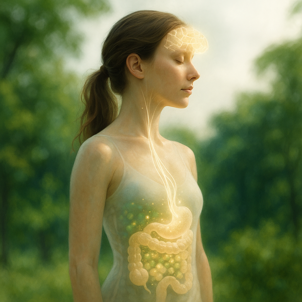 Mujer de perfil con conexión luminosa entre intestino y cerebro, simbolizando el eje intestino-hormonas-cerebro y el equilibrio hormonal femenino.