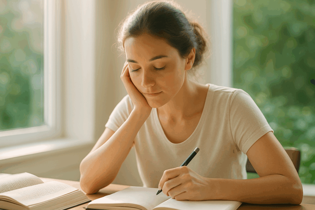 Mujer concentrada estudiando en un entorno natural y luminoso que representa claridad mental, equilibrio hormonal y bienestar interior.