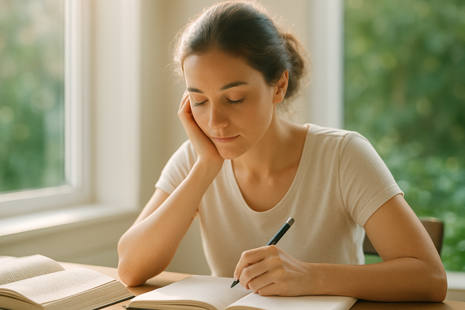 Mujer concentrada estudiando en un entorno natural y luminoso que representa claridad mental, equilibrio hormonal y bienestar interior.