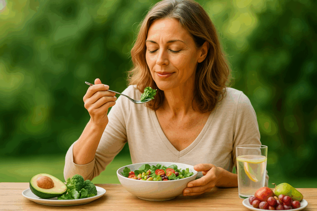 Mujer disfrutando de una comida saludable al aire libre, símbolo de saciedad natural, equilibrio hormonal y bienestar digestivo.