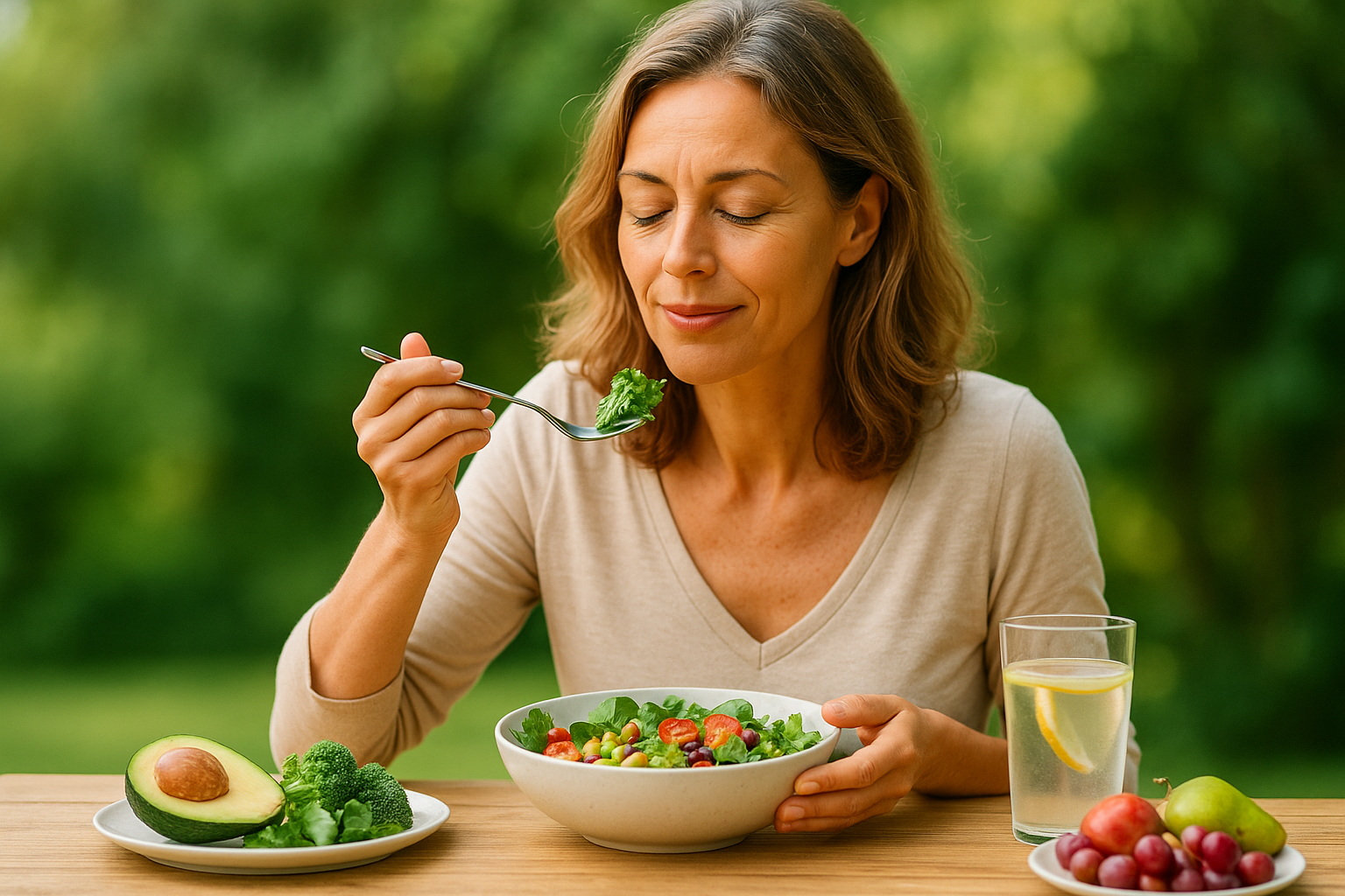 Mujer disfrutando de una comida saludable al aire libre, símbolo de saciedad natural, equilibrio hormonal y bienestar digestivo.