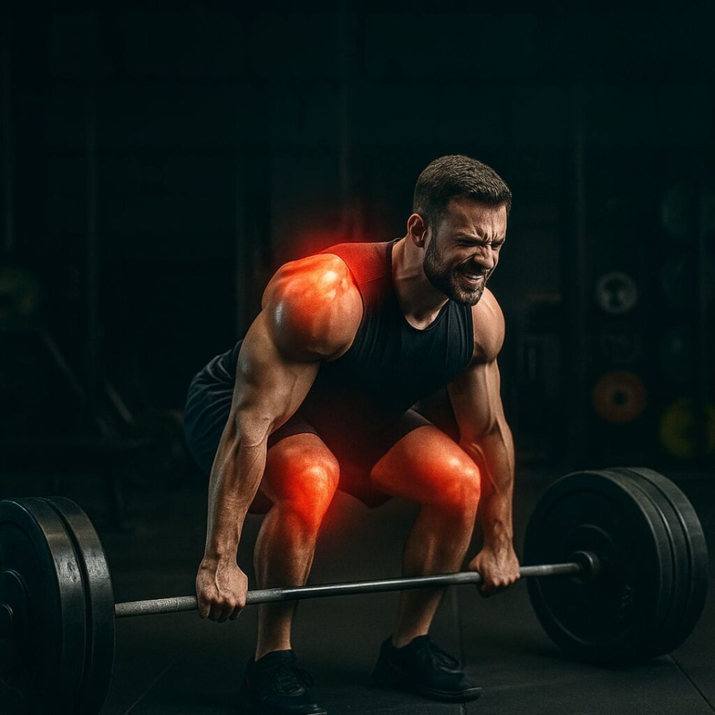Hombre levantando barra de peso muerto con dolor en hombros, rodillas y espalda iluminados en rojo, simbolizando lesiones por mal entrenamiento.