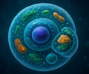 Ilustración de una célula humana en proceso de autofagia