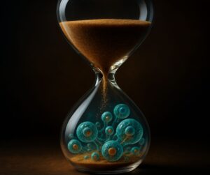 Reloj de arena con granos que se transforman en células regenerándose, símbolo del tiempo y la autofagia.