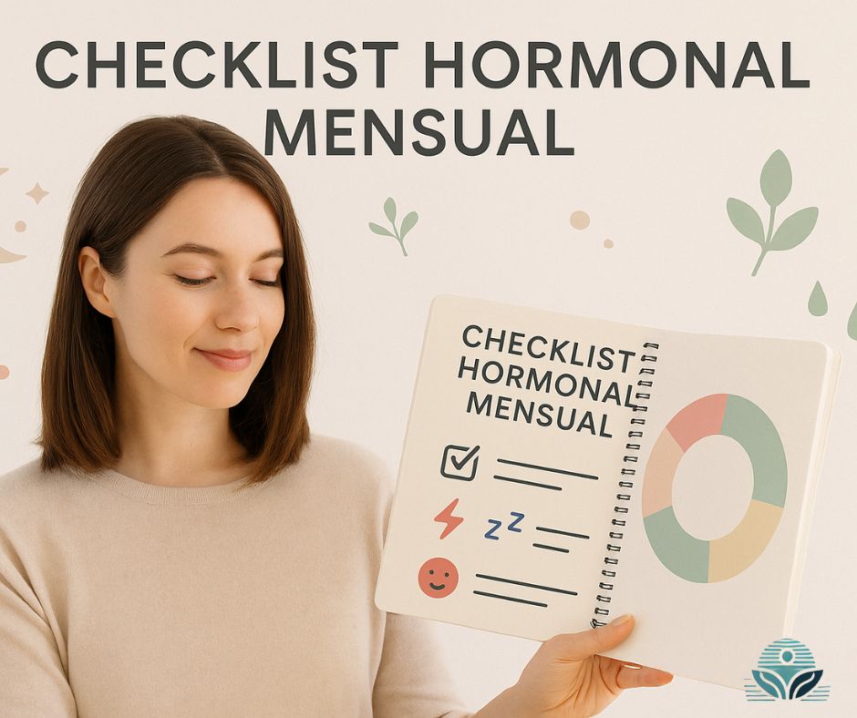 Mujer revisando su checklist hormonal mensual con gráficos de fases del ciclo y colores suaves.