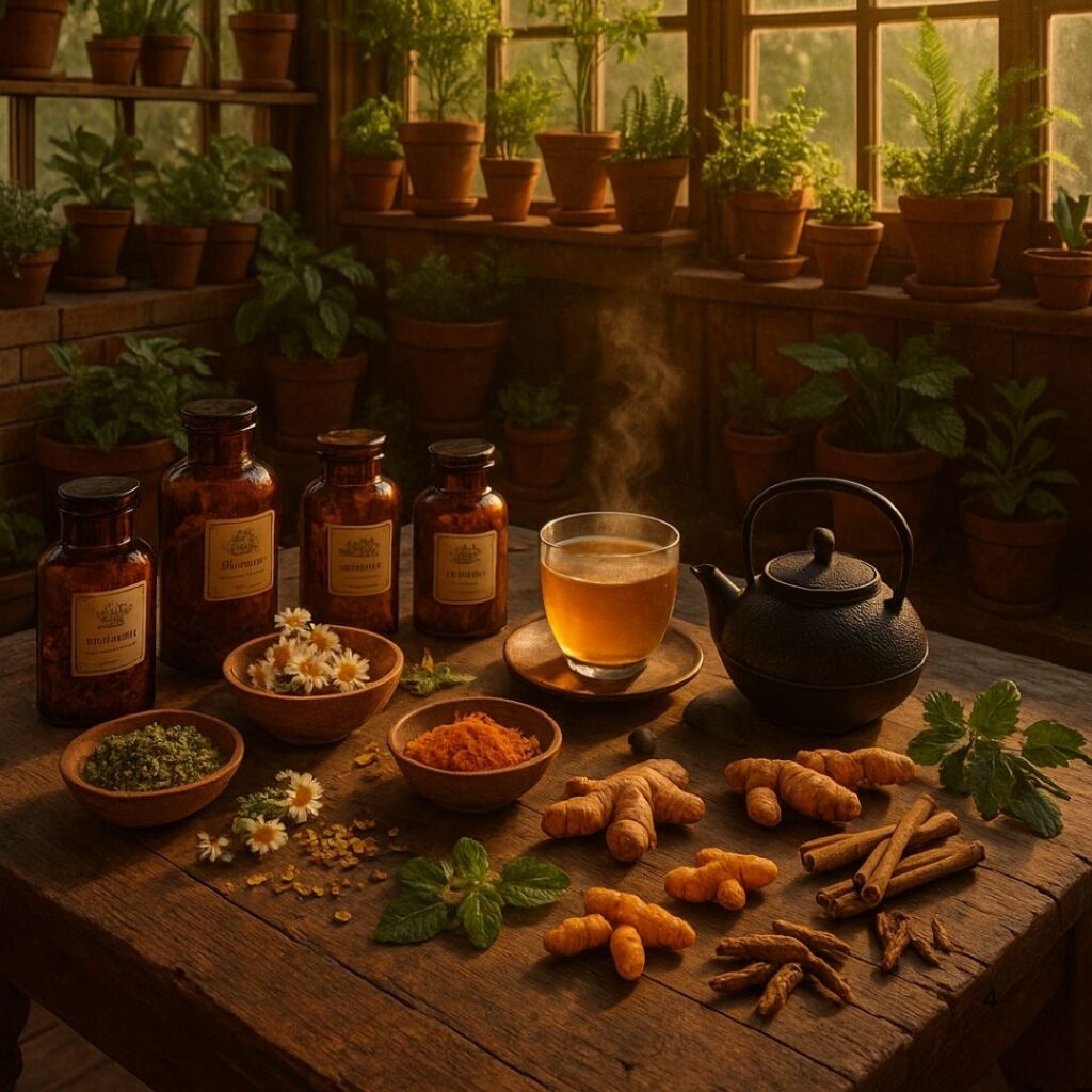 Infusiones naturales antiinflamatorias con cúrcuma, jengibre, canela y hierbas frescas en un invernadero.