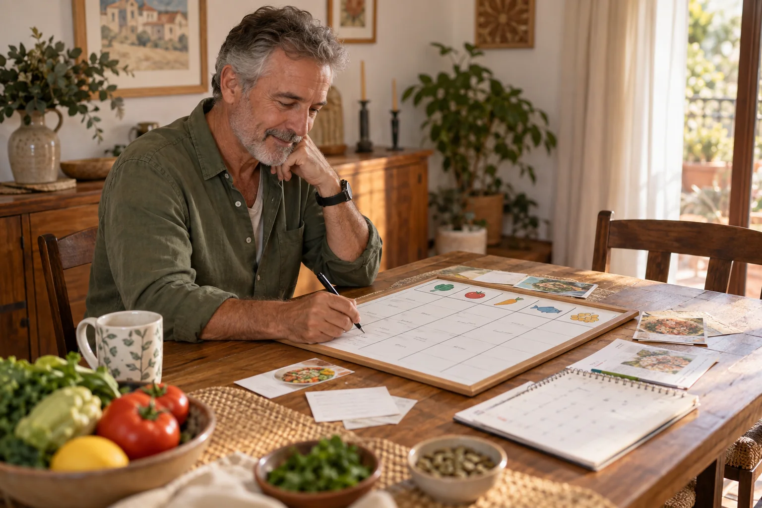 Hombre mayor organiza un calendario semanal de comidas en la mesa del comedor
