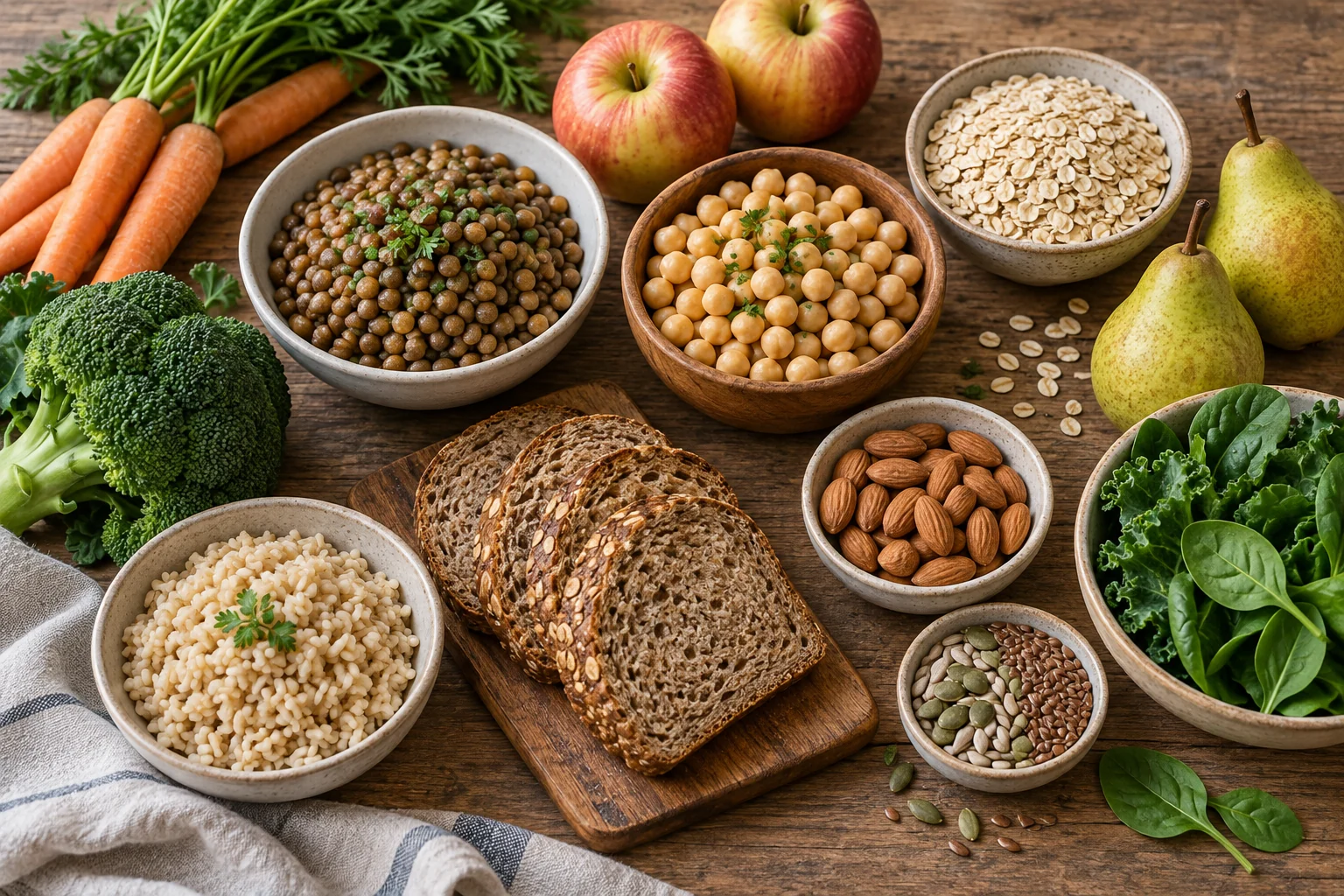 Selección variada de legumbres, cereales integrales, verduras, frutas, frutos secos y semillas