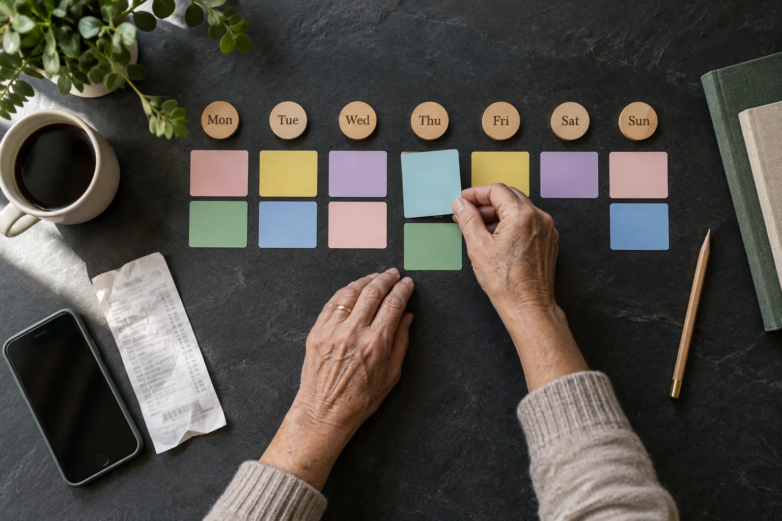 Manos de una persona mayor ordenan tarjetas de colores para adaptar las comidas a la semana
