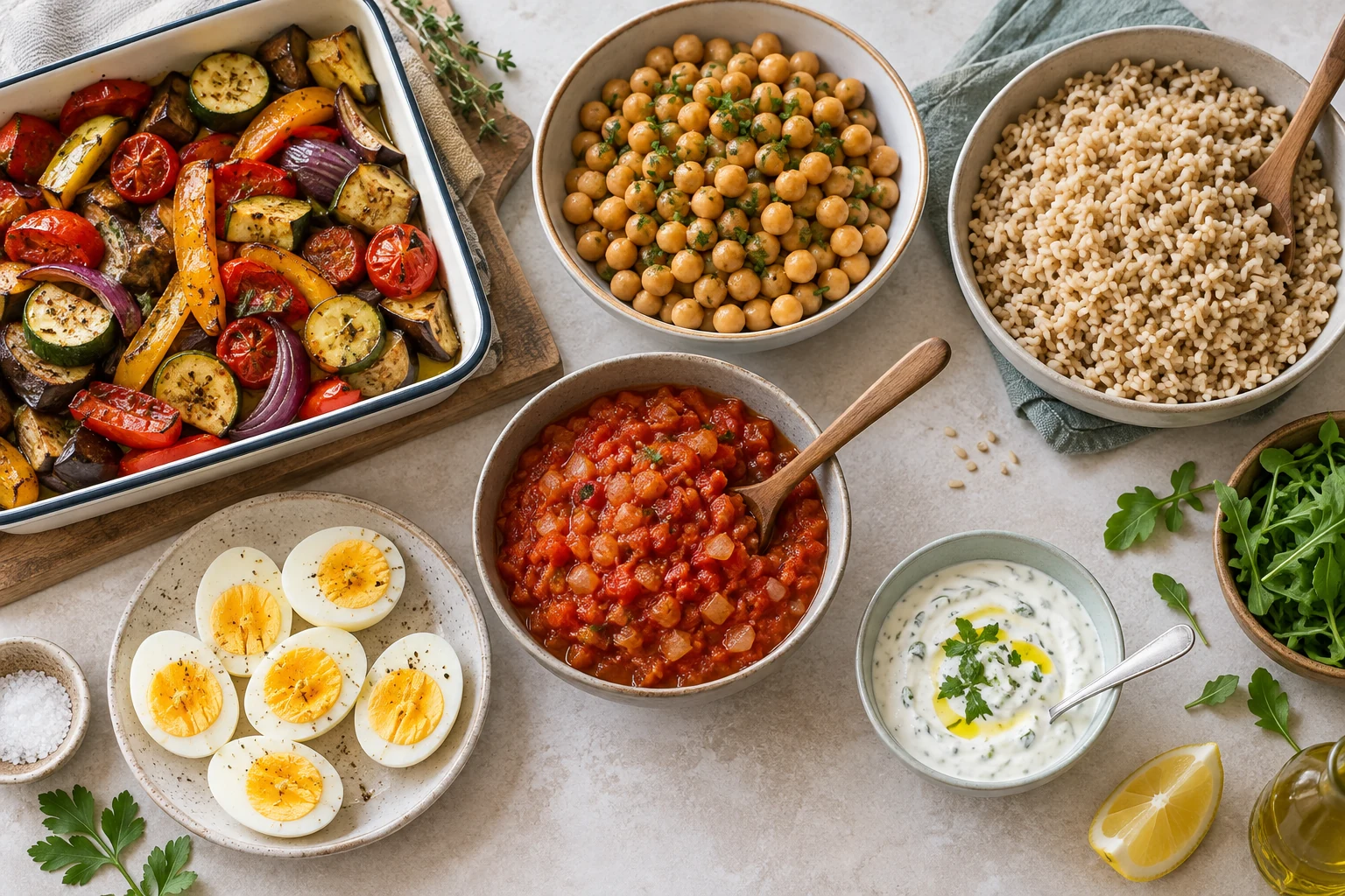 Varias bases de verduras, legumbres y cereales preparadas para combinar durante la semana