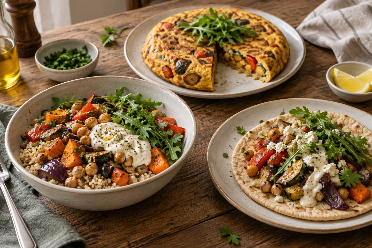 Una misma base de verduras y legumbres utilizada en tres comidas diferentes