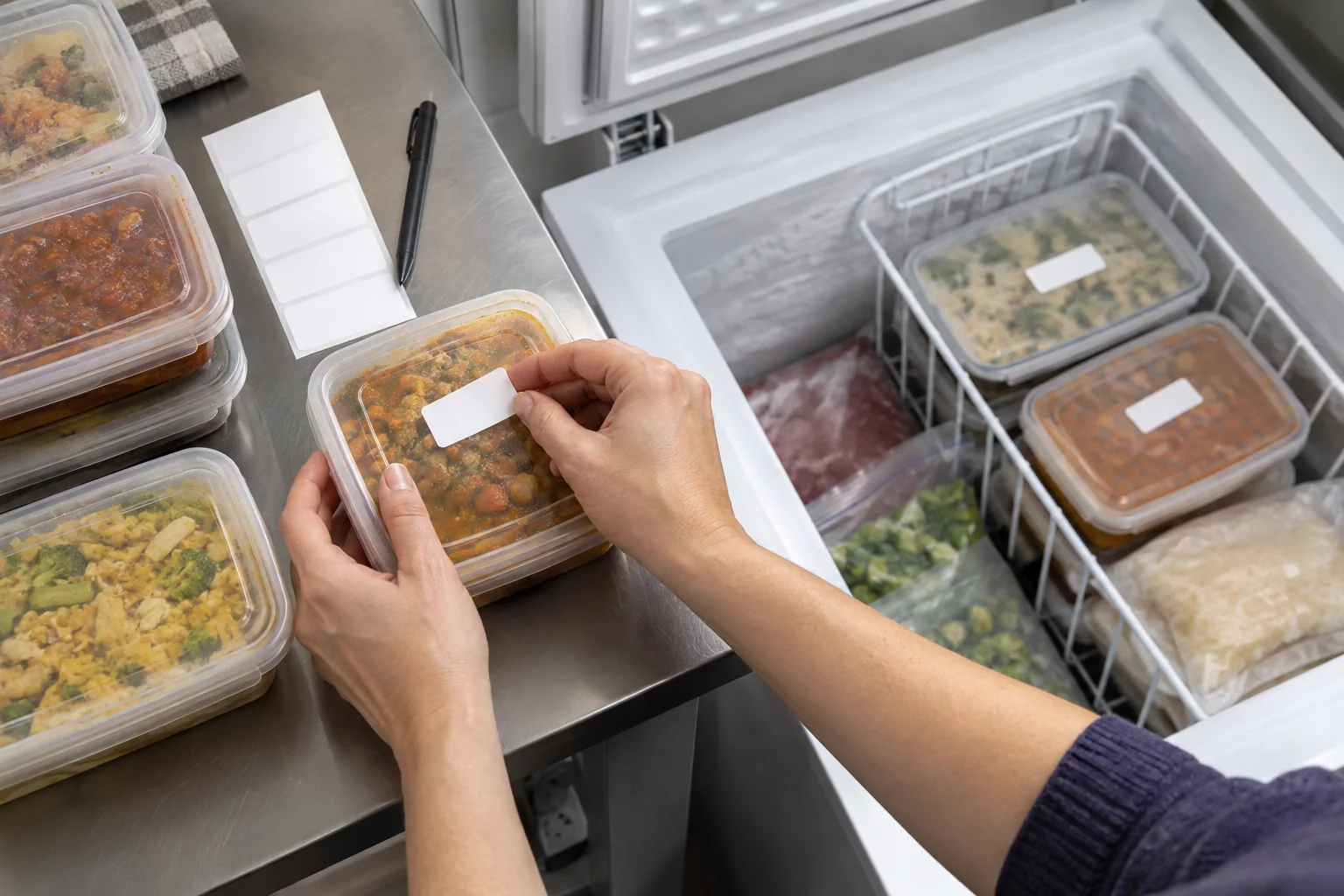 Una persona etiqueta porciones de comida antes de guardarlas en un congelador