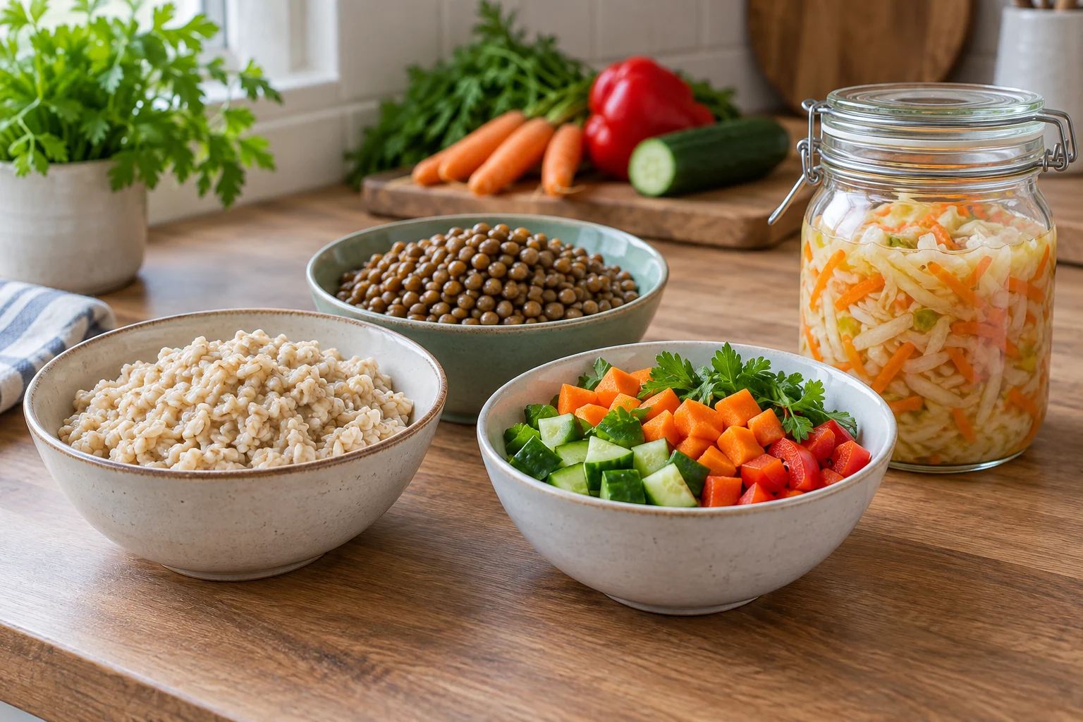Avena, lentejas, verduras troceadas y frutos secos como ejemplos de fuentes variadas de fibra