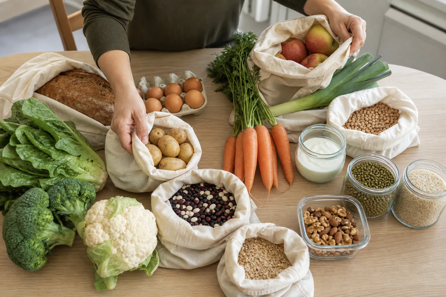 Alimentos cotidianos como verduras, fruta, legumbres, cereales, huevos, yogur, frutos secos y pan integral