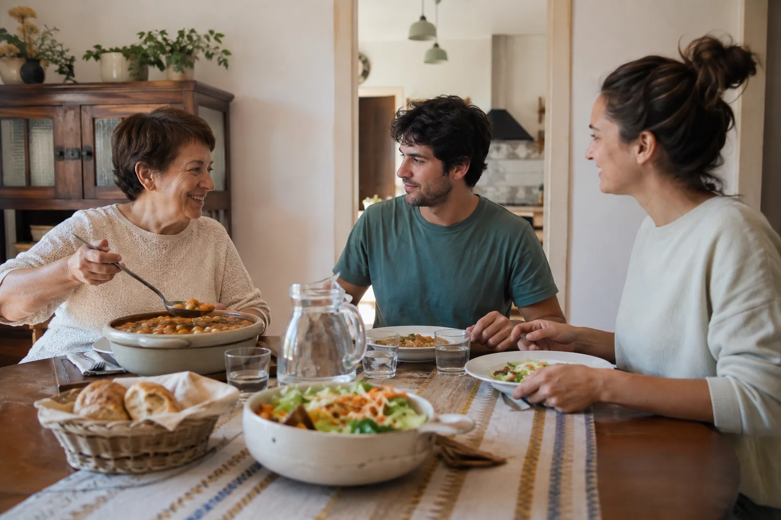 Tres adultos de distintas edades comparten una comida casera con legumbres, verduras, pan y agua