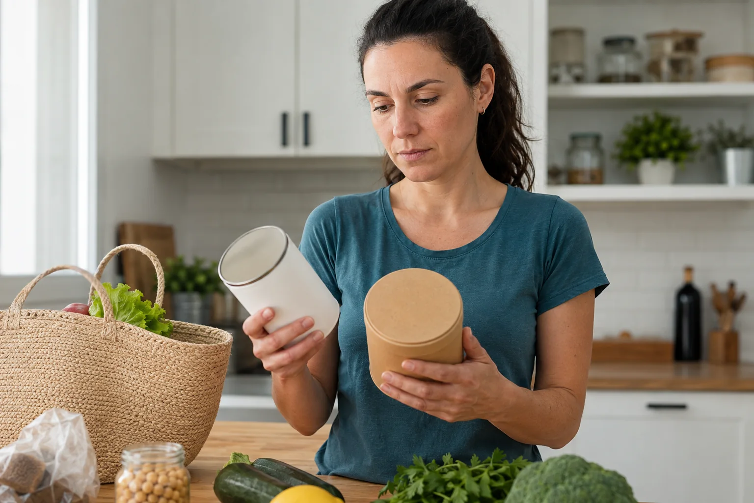 Una mujer compara dos envases alimentarios genéricos y sin marca en una cocina