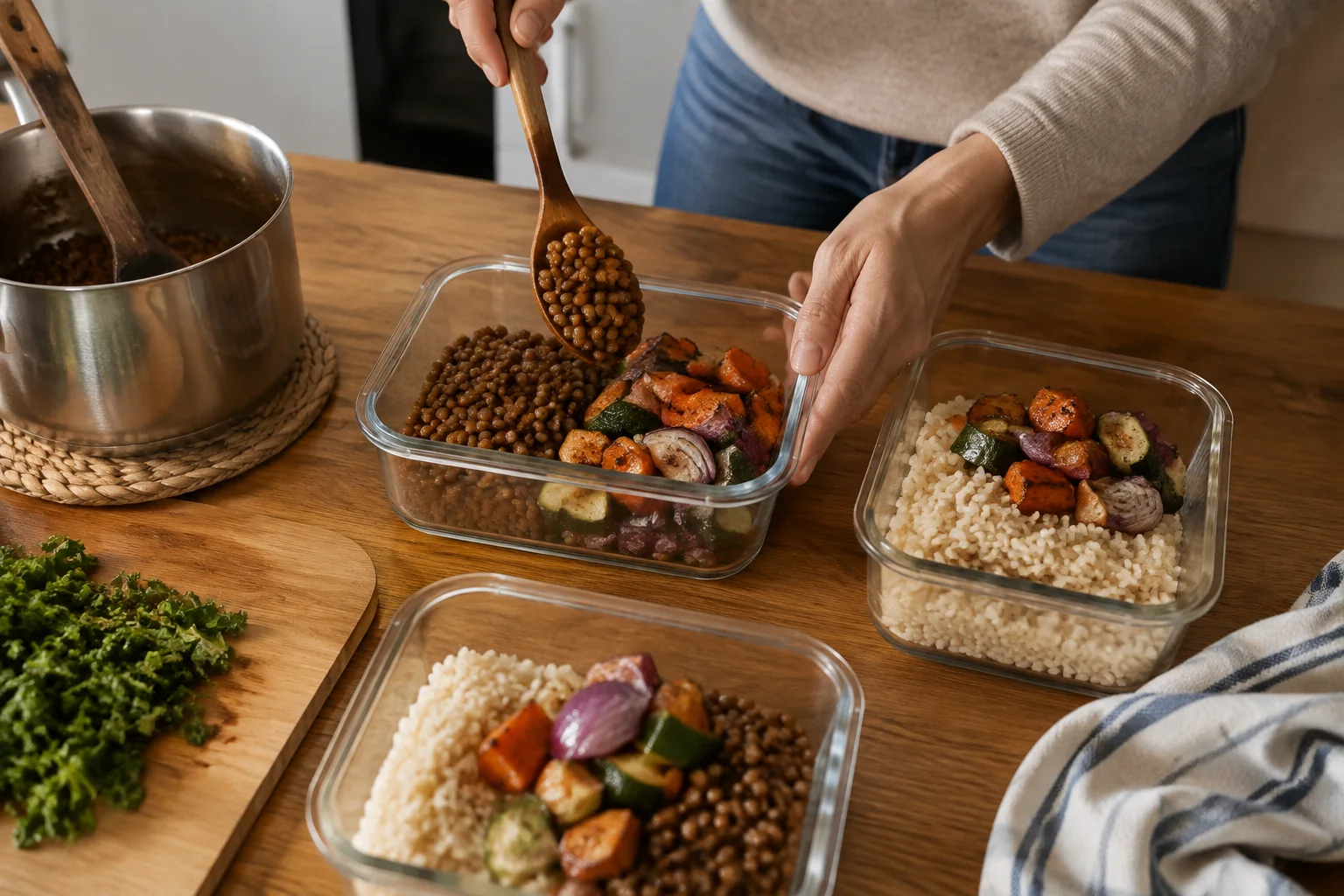 Una persona distribuye legumbres, verduras asadas y arroz integral en recipientes de vidrio para varios días