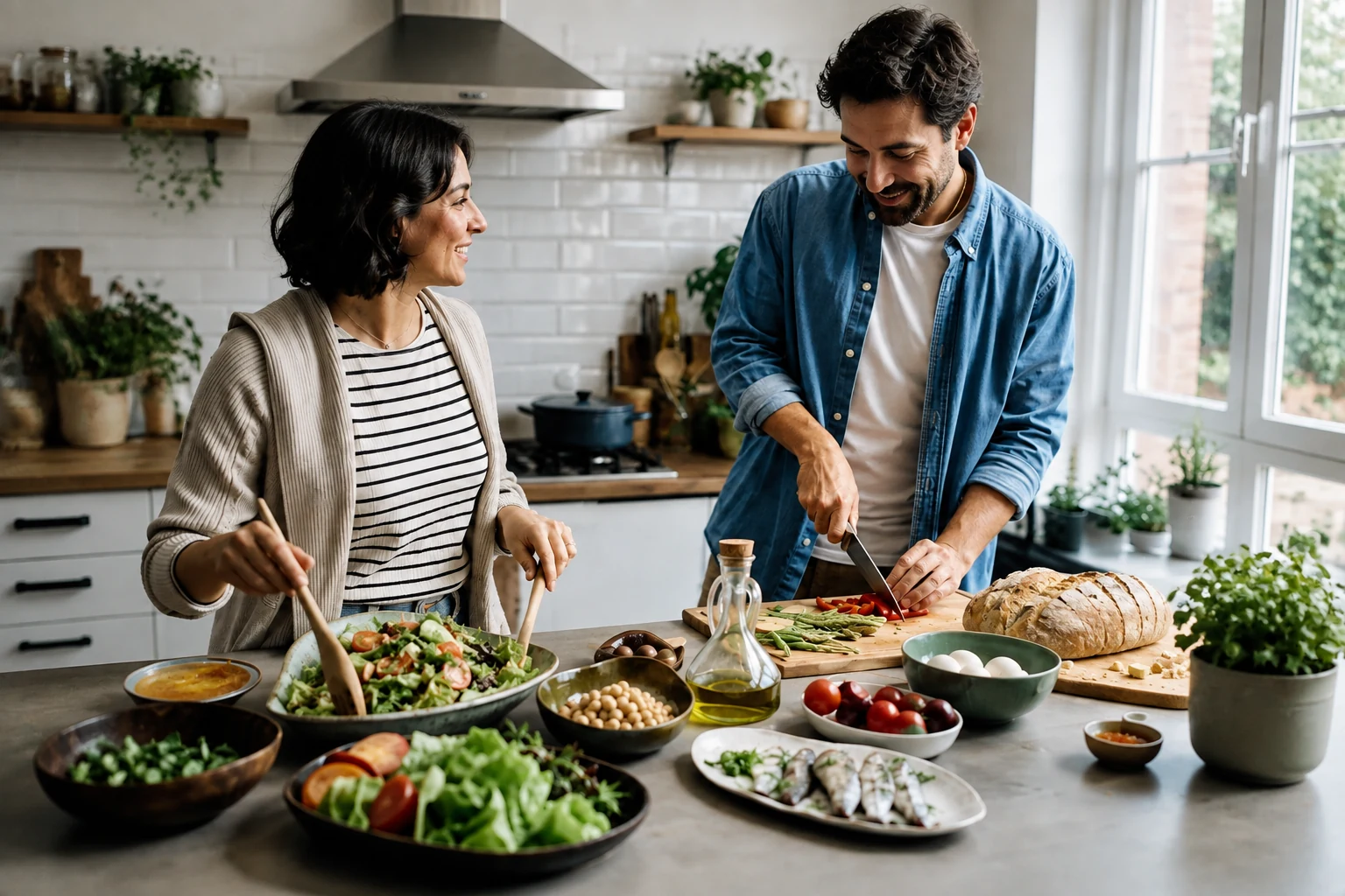 Dos adultos preparan una comida variada con verduras, legumbres, pan integral, huevos, aceite de oliva y pescado