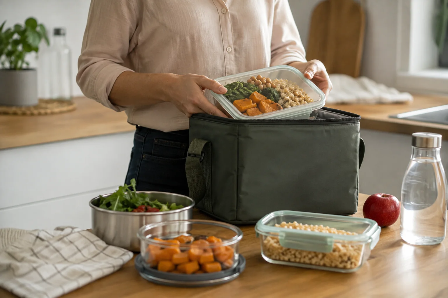 Una persona guarda una comida casera en un recipiente hermético dentro de una bolsa térmica sin marca