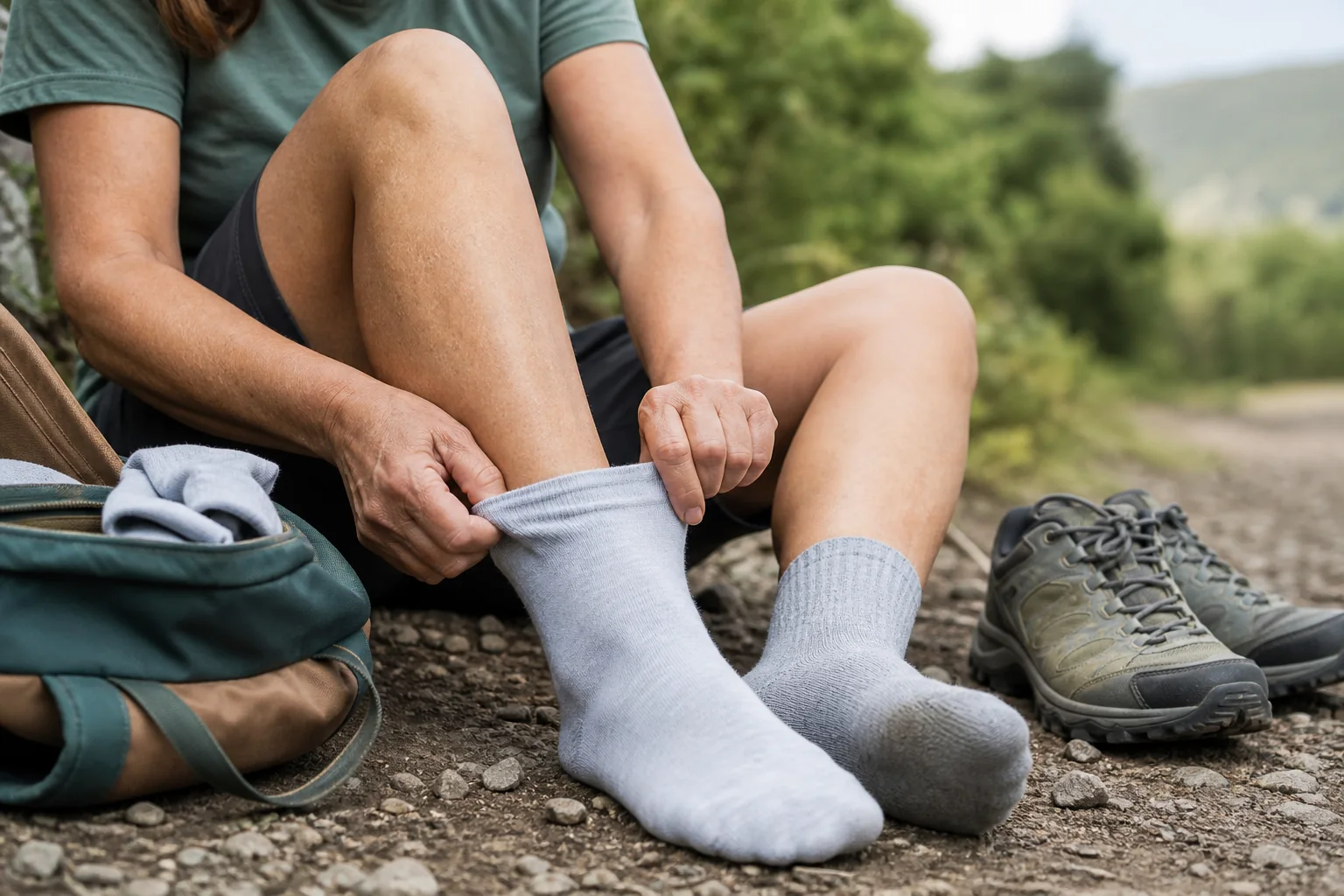 Mujer adulta cambiándose a unos calcetines secos durante una caminata