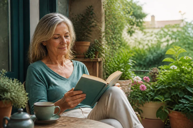 Mujer adulta leyendo junto a una ventana abierta al jardín