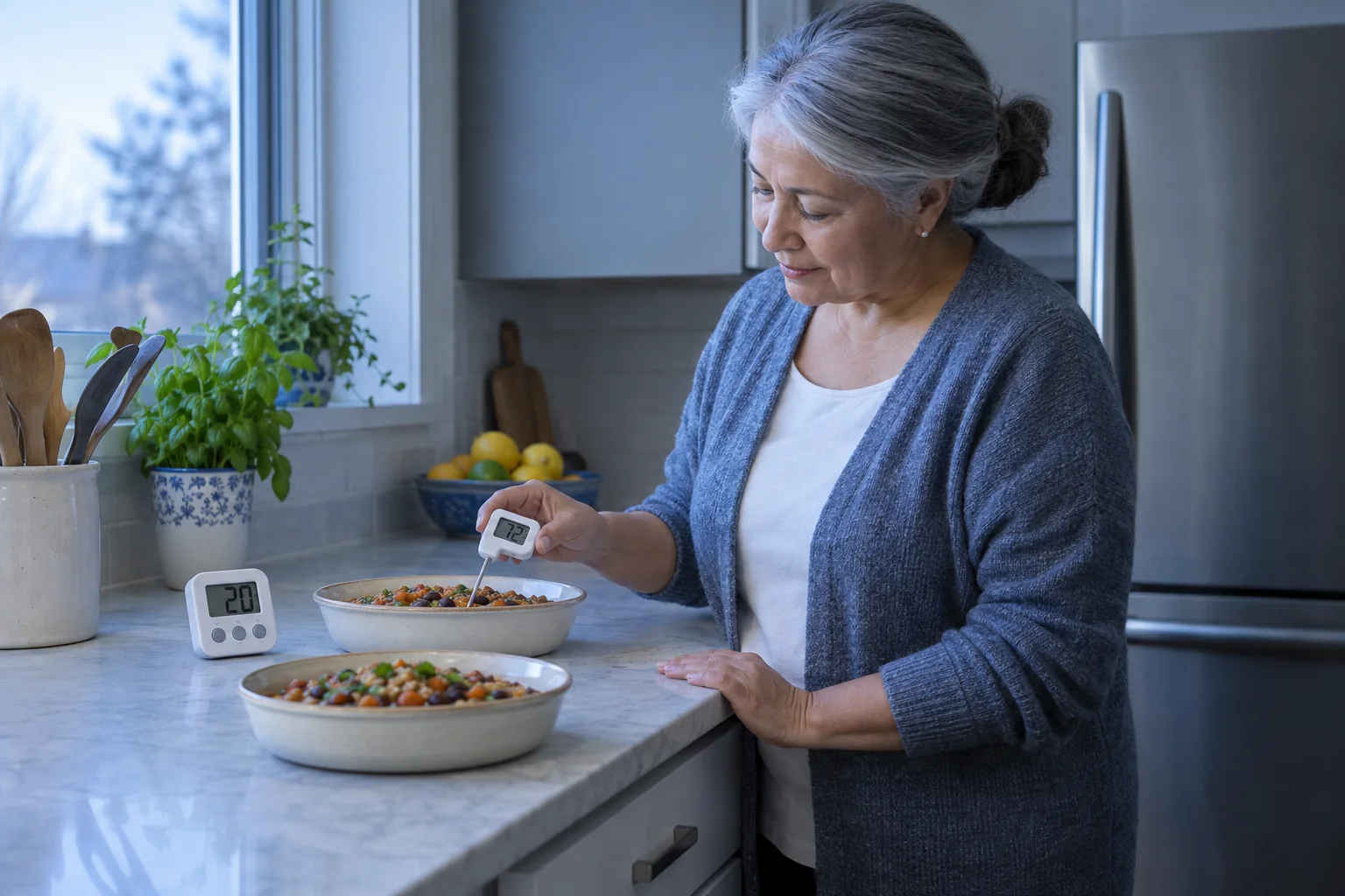 Comidas preparadas y alimentos crudos guardados por separado en el frigorífico