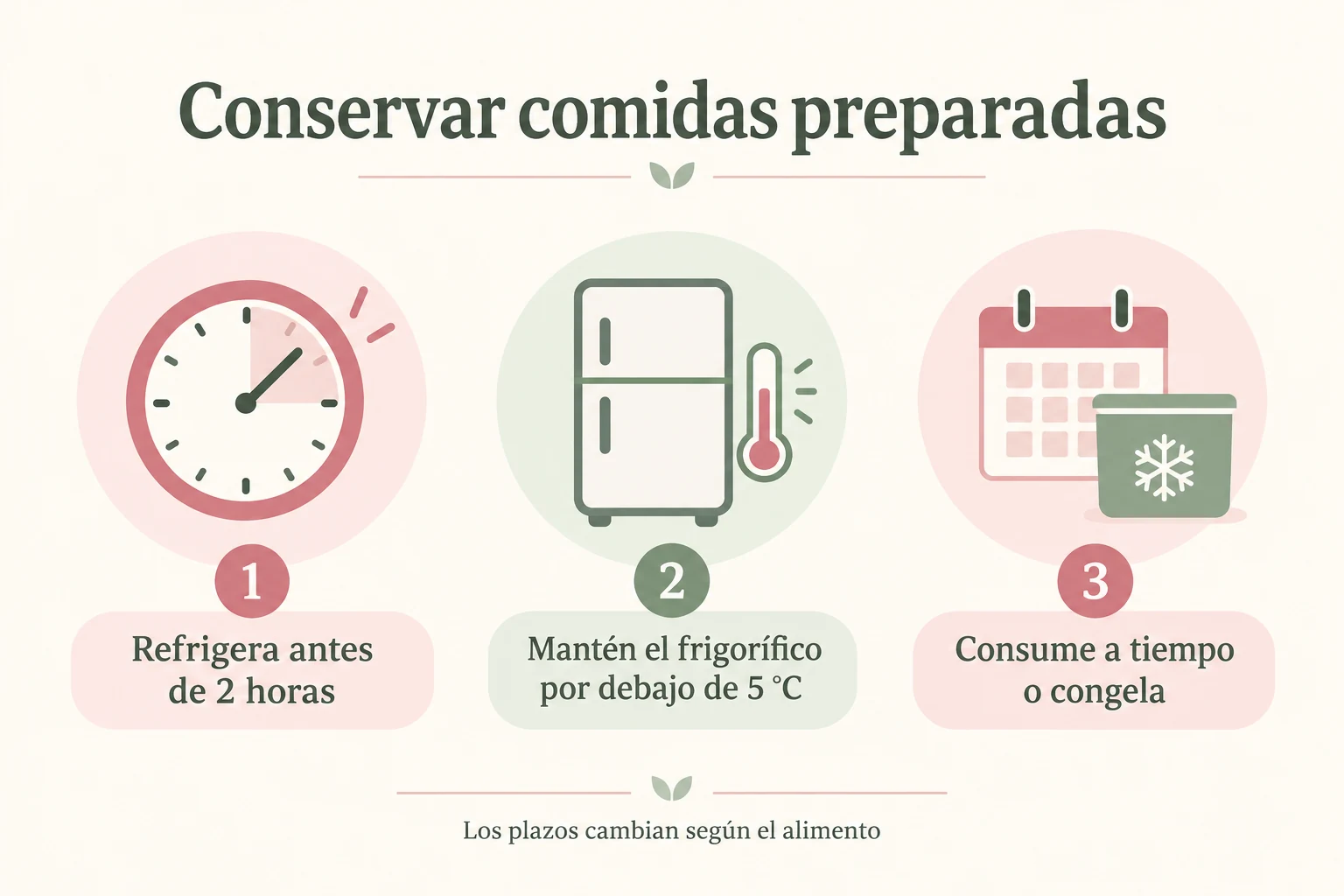 Infografía sobre refrigerar pronto, mantener el frío y consumir o congelar dentro del plazo adecuado