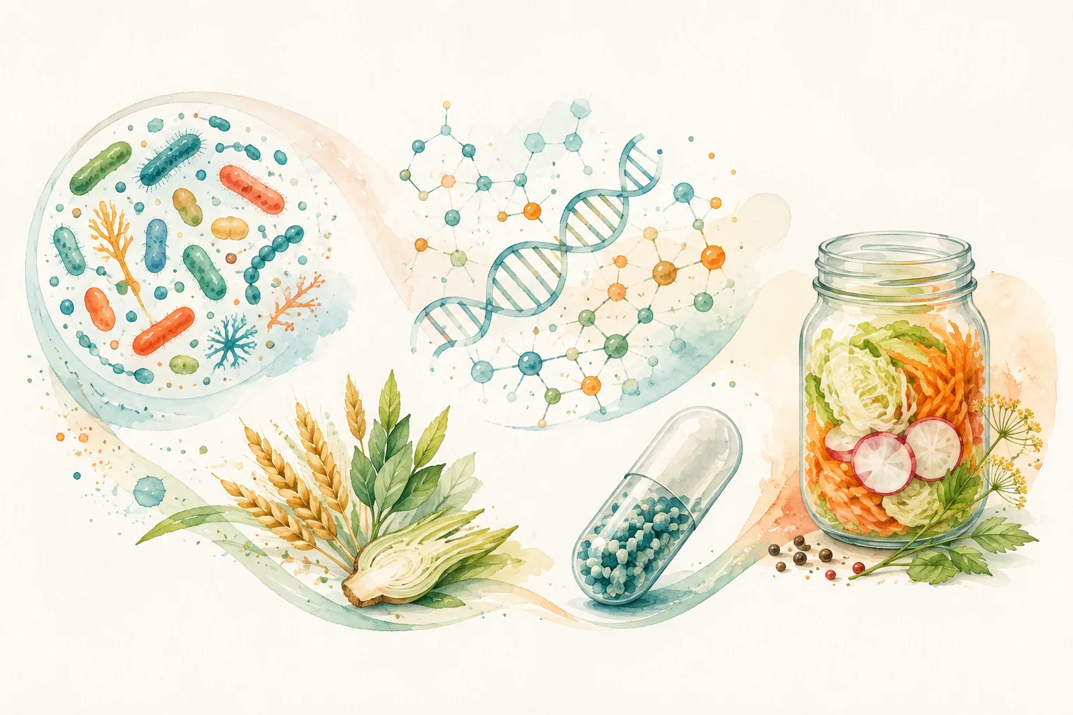 Composición ilustrada con microorganismos, ADN, fibra vegetal, una cápsula genérica y un frasco de verduras fermentadas