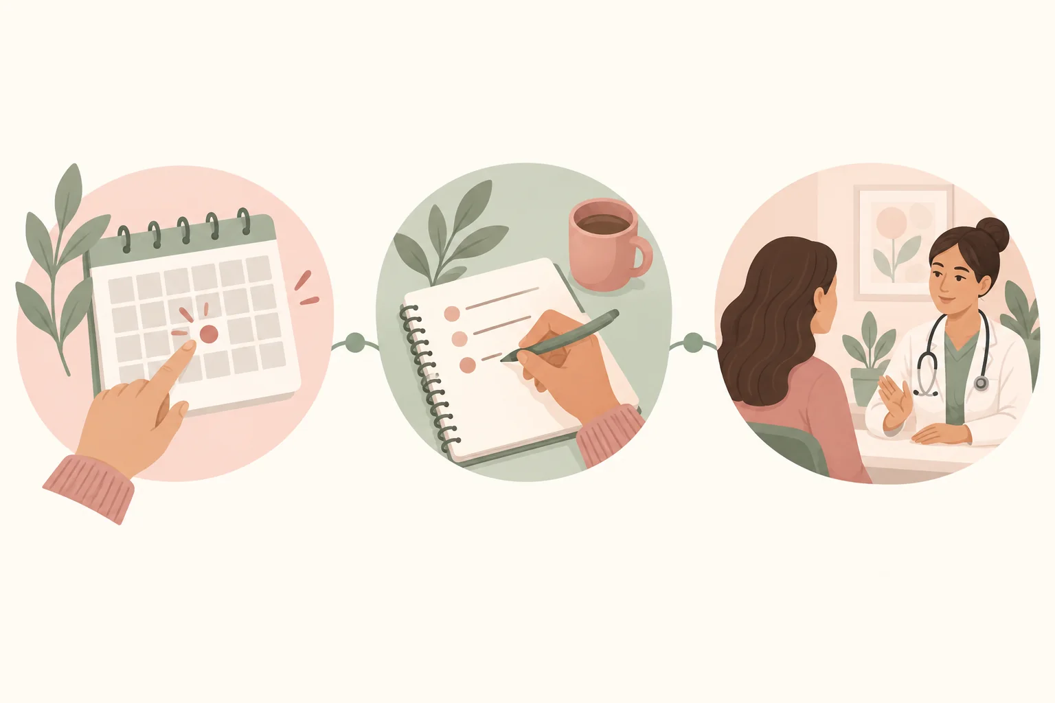 Infografía sin texto con tres escenas: detectar, registrar y consultar